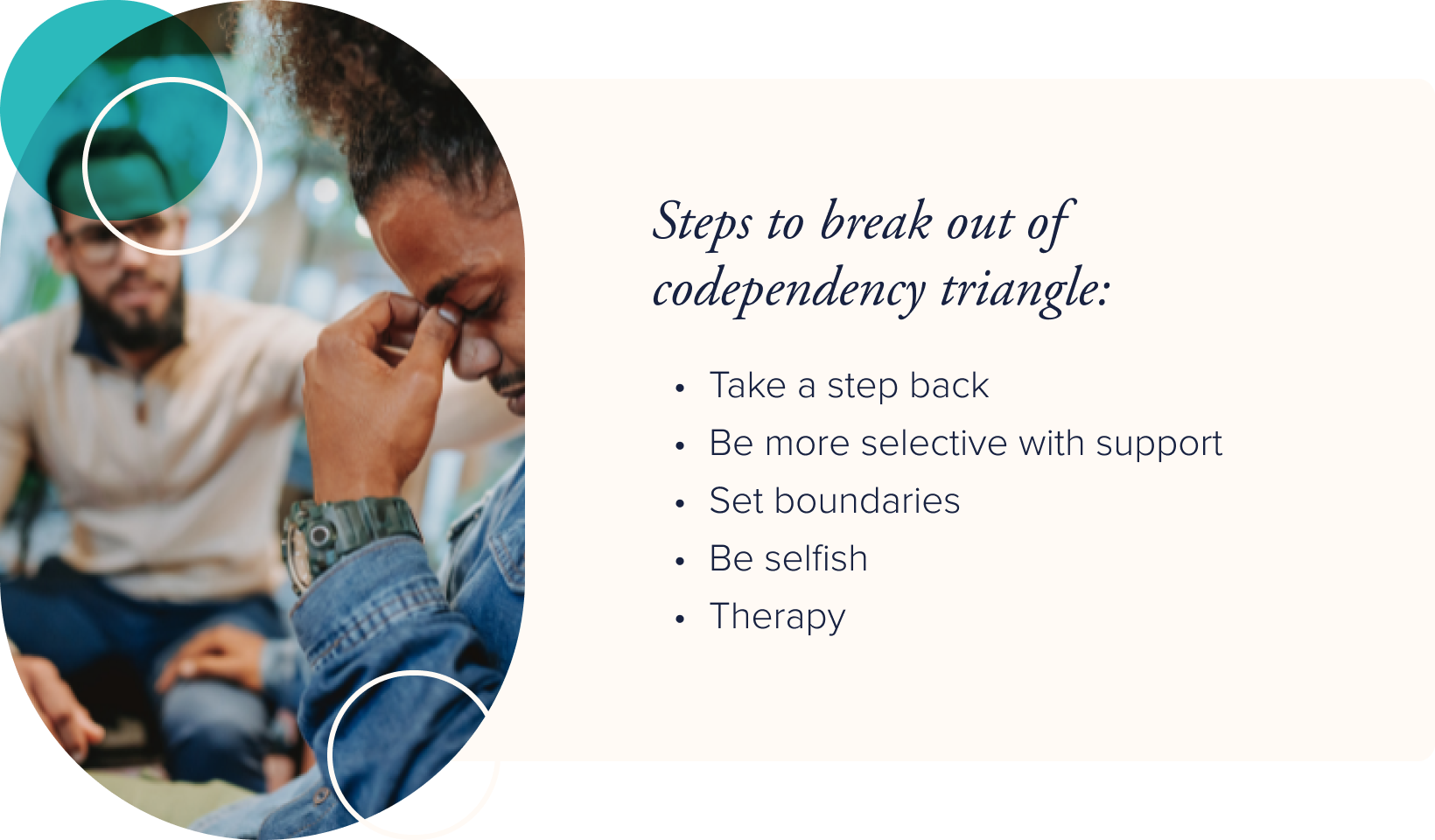 a man and his therapist discussing his codependent relationship. Text: Steps to break out of a codependency triangle - take a step back, be more selective iwth support, set boundaries, be selfish, therapy 