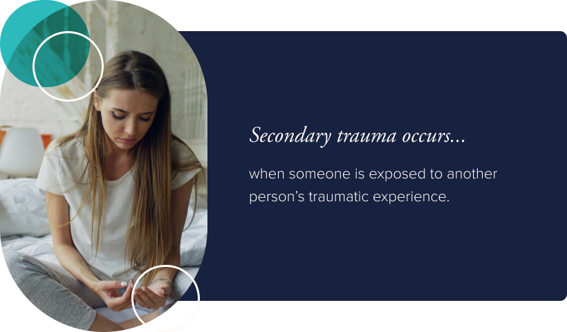 Image: A woman sitting on her bed looking sad and troubled. Text: Secondary trauma occurs when someone is exposed to another person’s traumatic experience. 