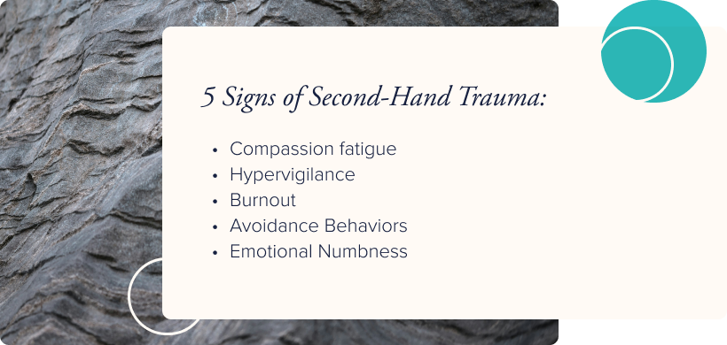 Image: Background image of rocky wall. Text: 5 Signs of Second-Hand Trauma: Compassion fatigue, Hypervigilance , Burnout, Avoidance Behaviors, Emotional Numbness