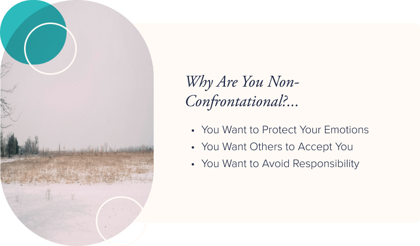 Image: An open, snowy field. Text: Why Are You Non-Confrontational? You Want to Protect Your Emotions, You Want Others to Accept You, You Want to Avoid Responsibility