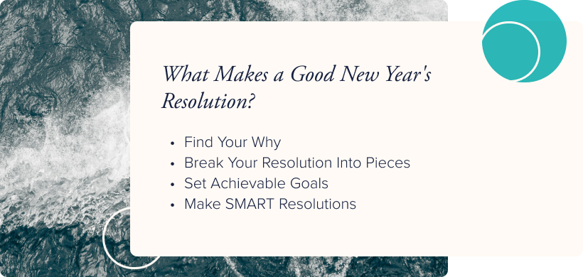 What Makes a Good New Year's Resolution?  Find Your Why Break Your Resolution Into Pieces Set Achievable Goals Make SMART Resolutions
