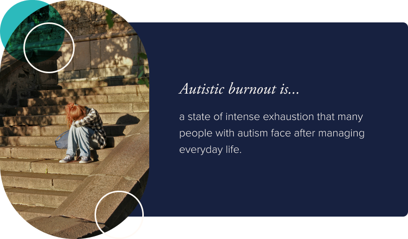 Image: A person with sitting on steps with their head down. Text: Autistic burnout is a state of intense exhaustion that many people with autism face after managing everyday life.Autistic burnout is a state of intense exhaustion that many people with autism face after managing everyday life.