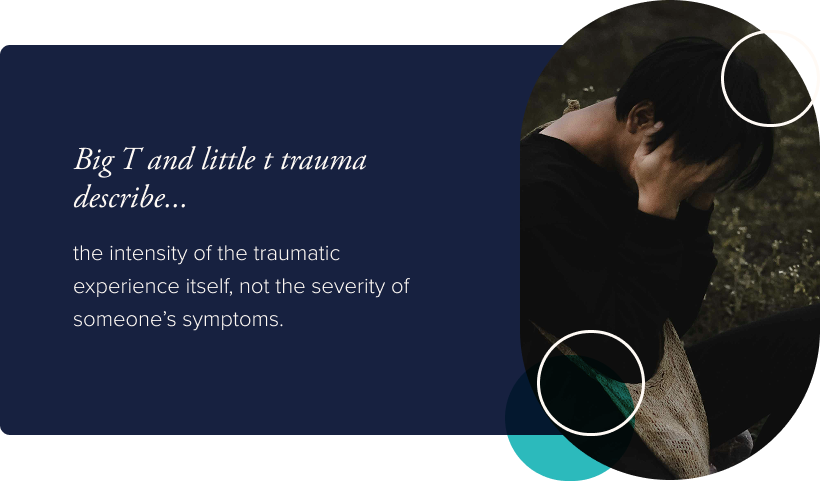 Image: A person holding their head in their hands. Text: Big T and little t trauma describe the intensity of the traumatic experience itself, not the severity of someone’s symptoms.