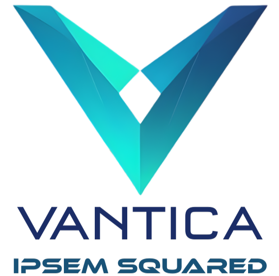 Blue and teal geometric V-shaped logo above the text 'VANTICA' and smaller text 'IPSEM SQUARED' below.