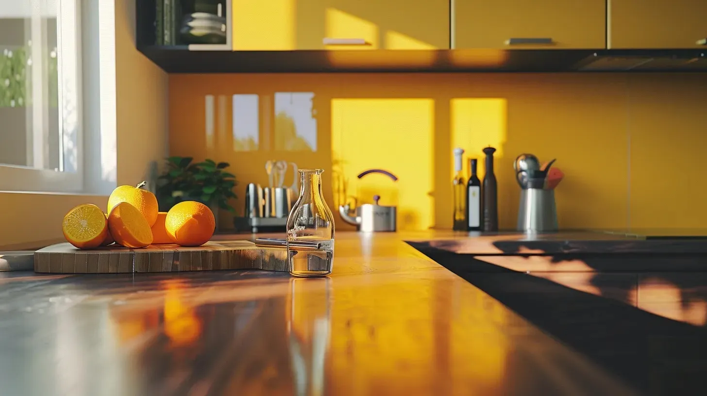 a chic, modern kitchen showcases a striking contrast of bold accent colors against soothing neutrals and earthy tones, perfectly harmonizing with polished wood floors to create an inviting and contemporary culinary space.
