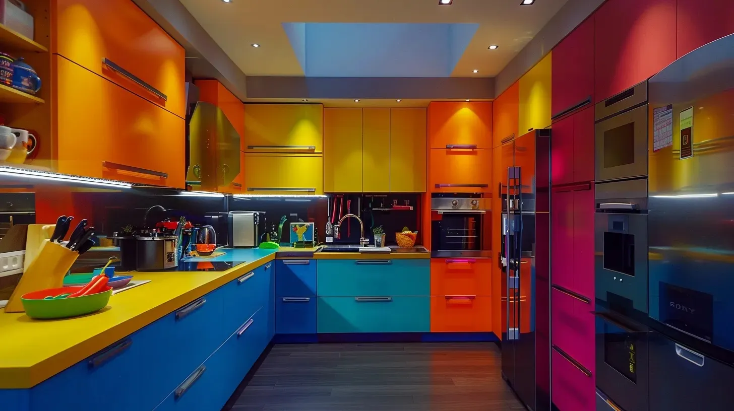a modern kitchen interior in a stylish winter park home, showcasing sleek cabinetry, contemporary appliances, and a vibrant color scheme that highlights current design trends.