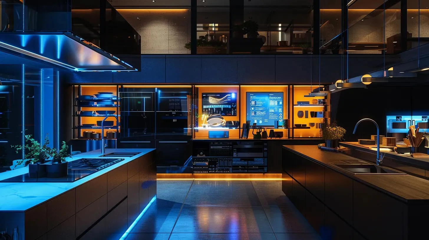 a sleek, modern kitchen featuring cutting-edge smart appliances and a vibrant digital interface, illuminated by warm, ambient lighting, showcasing a seamless integration of technology for enhanced culinary efficiency and convenience.