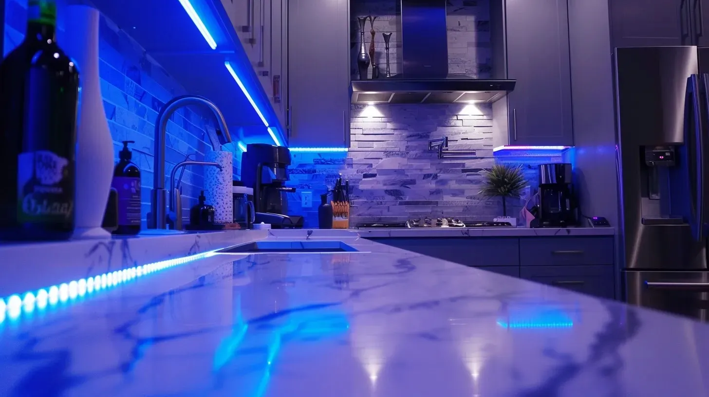 a sleek, contemporary kitchen adorned with elegant quartz countertops, a striking backsplash, and modern charcoal-toned appliances, illuminated by stylish lighting fixtures that highlight the fusion of beauty and eco-friendly design.