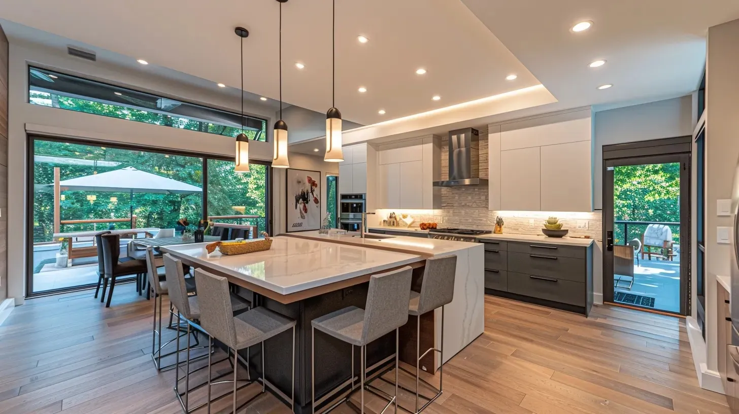 a modern kitchen featuring a sleek open-concept layout with a spacious multi-functional island, stylish cabinetry, and innovative smart storage solutions, all illuminated by warm ambient lighting to highlight the blend of functionality and aesthetics.
