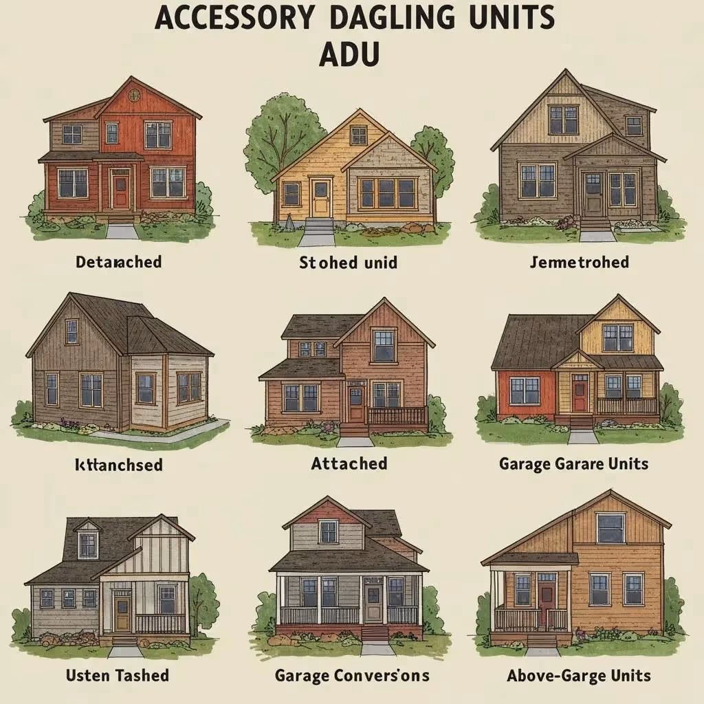 Different types of Accessory Dwelling Units including detached, attached, garage conversions, and above-garage units