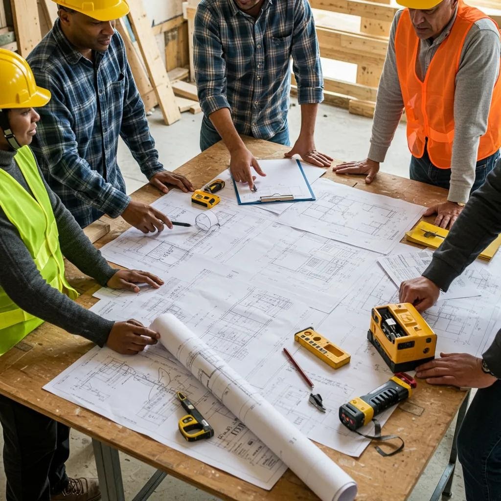 Construction workers reviewing plans for an accessory dwelling unit at a construction site