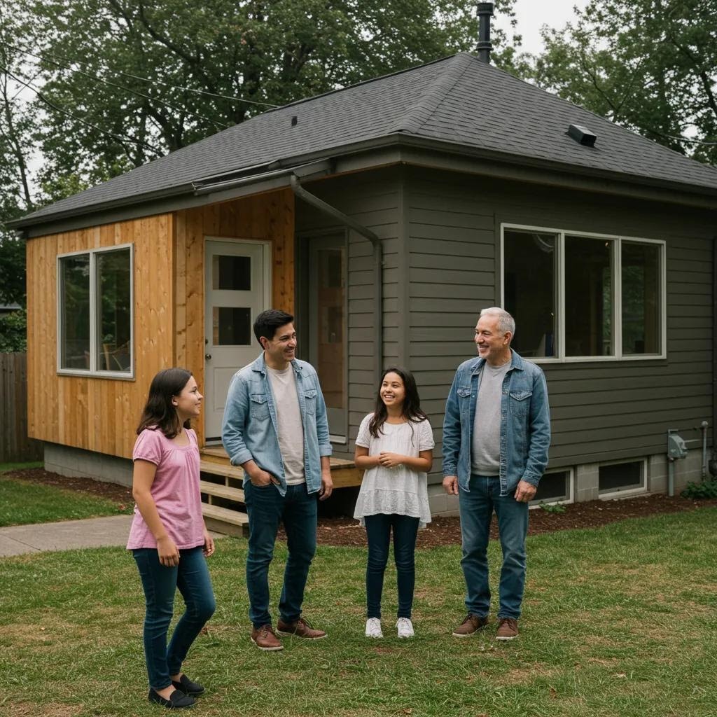 Happy family in front of their newly built ADU, showcasing satisfaction and positive experience