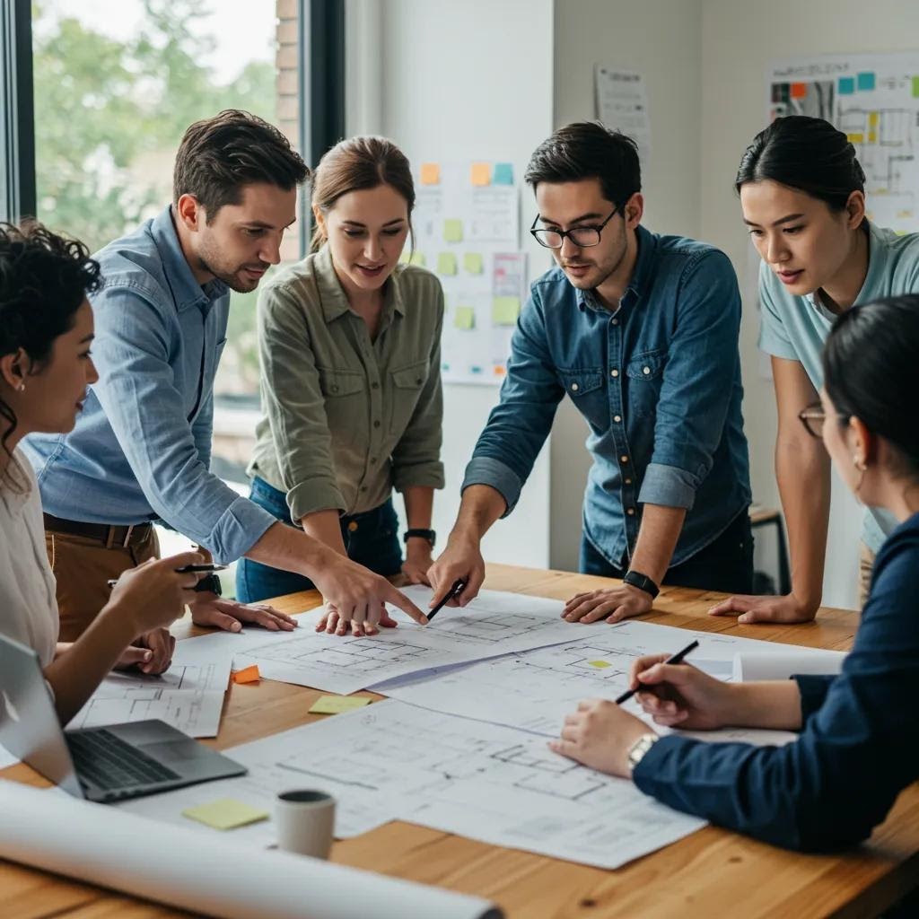 Homeowners and designers collaborating on ADU plans in a modern office setting