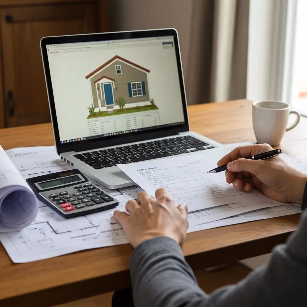 Homeowner analyzing ADU construction cost estimates in a cozy home office