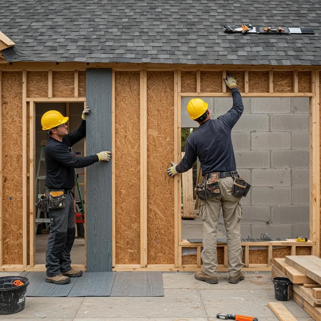 Construction workers installing hurricane-resistant materials on an ADU