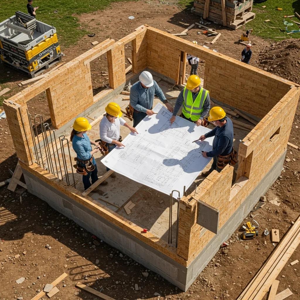 Construction site for an accessory dwelling unit with workers reviewing blueprints and discussing costs