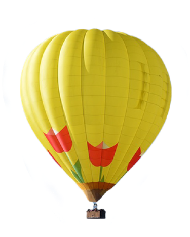Large yellow hot air balloon with red tulip designs and a wicker basket, representing the signature balloon used by the Lake Tahoe Balloons company.