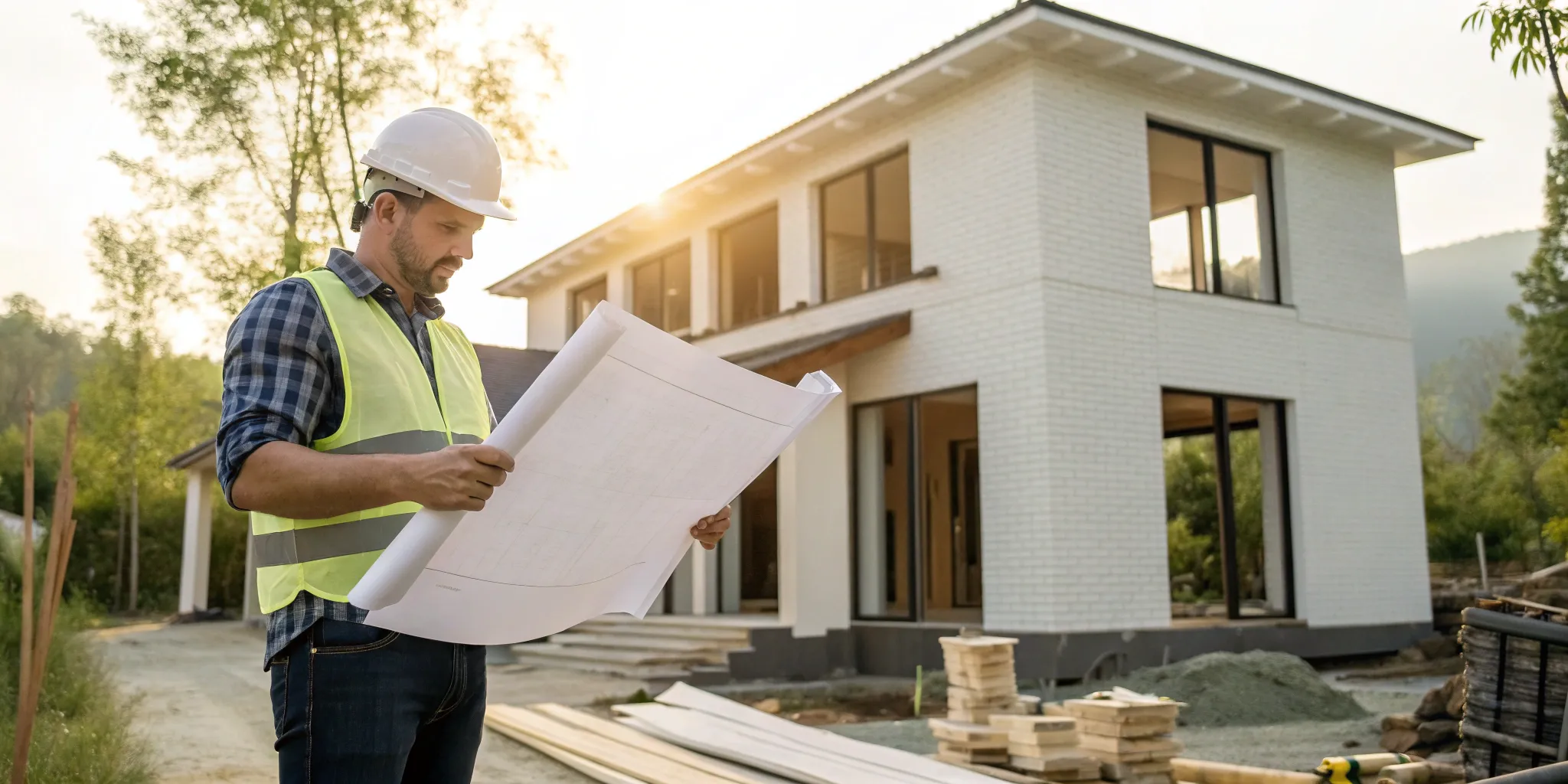 Hiring a general contractor to review blueprints for a home remodel.