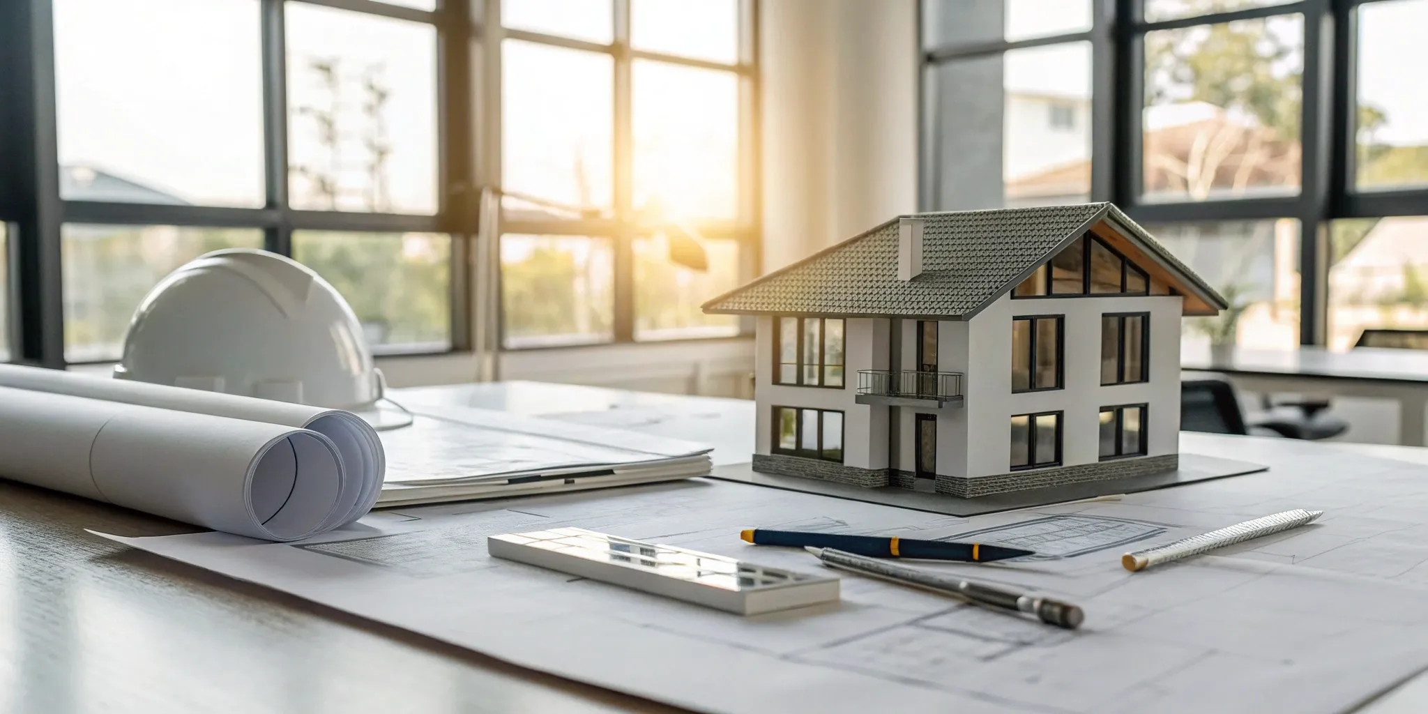 Model house, blueprints, and hard hat on a desk to calculate how much it costs to hire an architect.