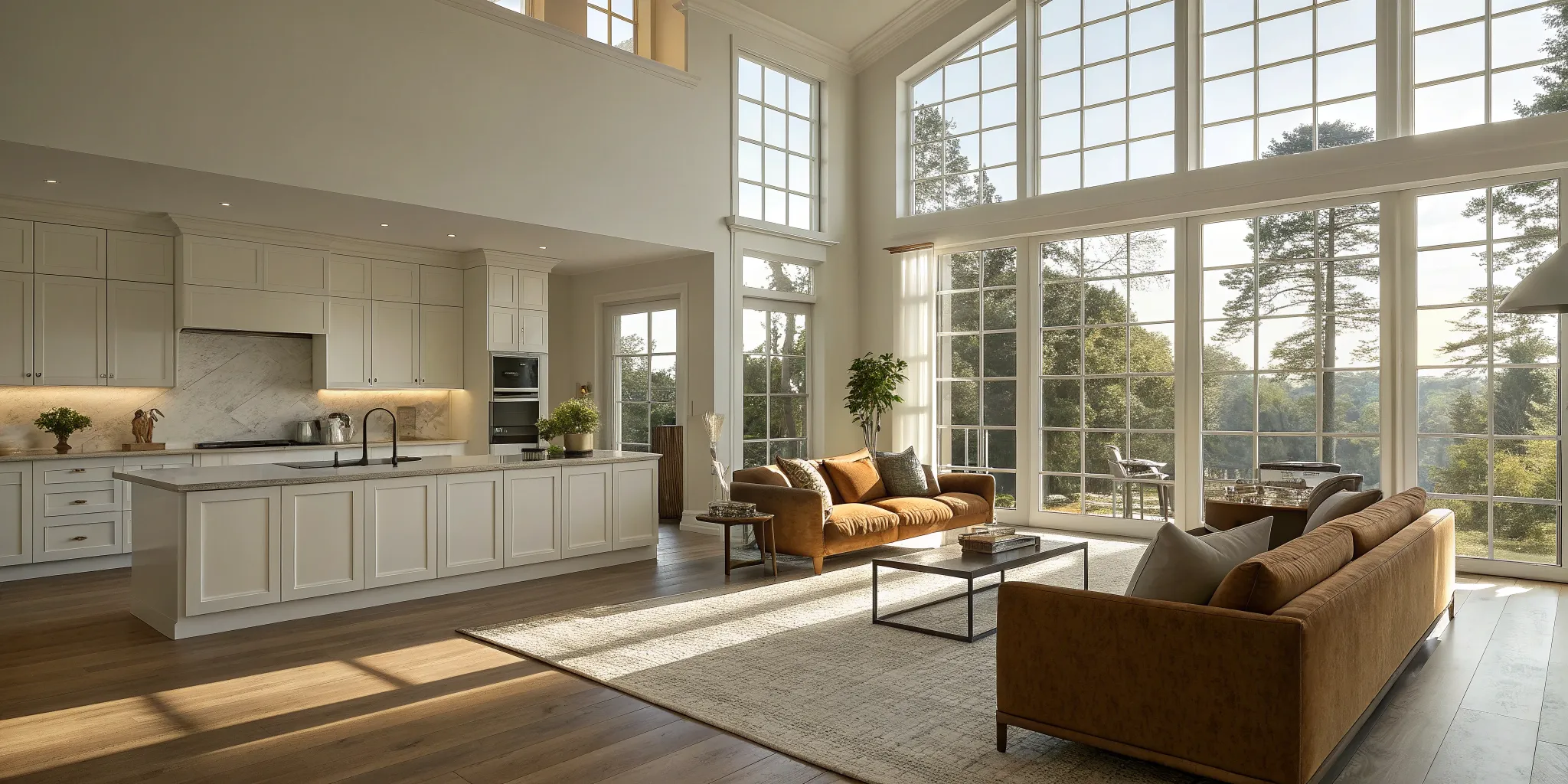 A modern open concept living room in a newly built turnkey home.