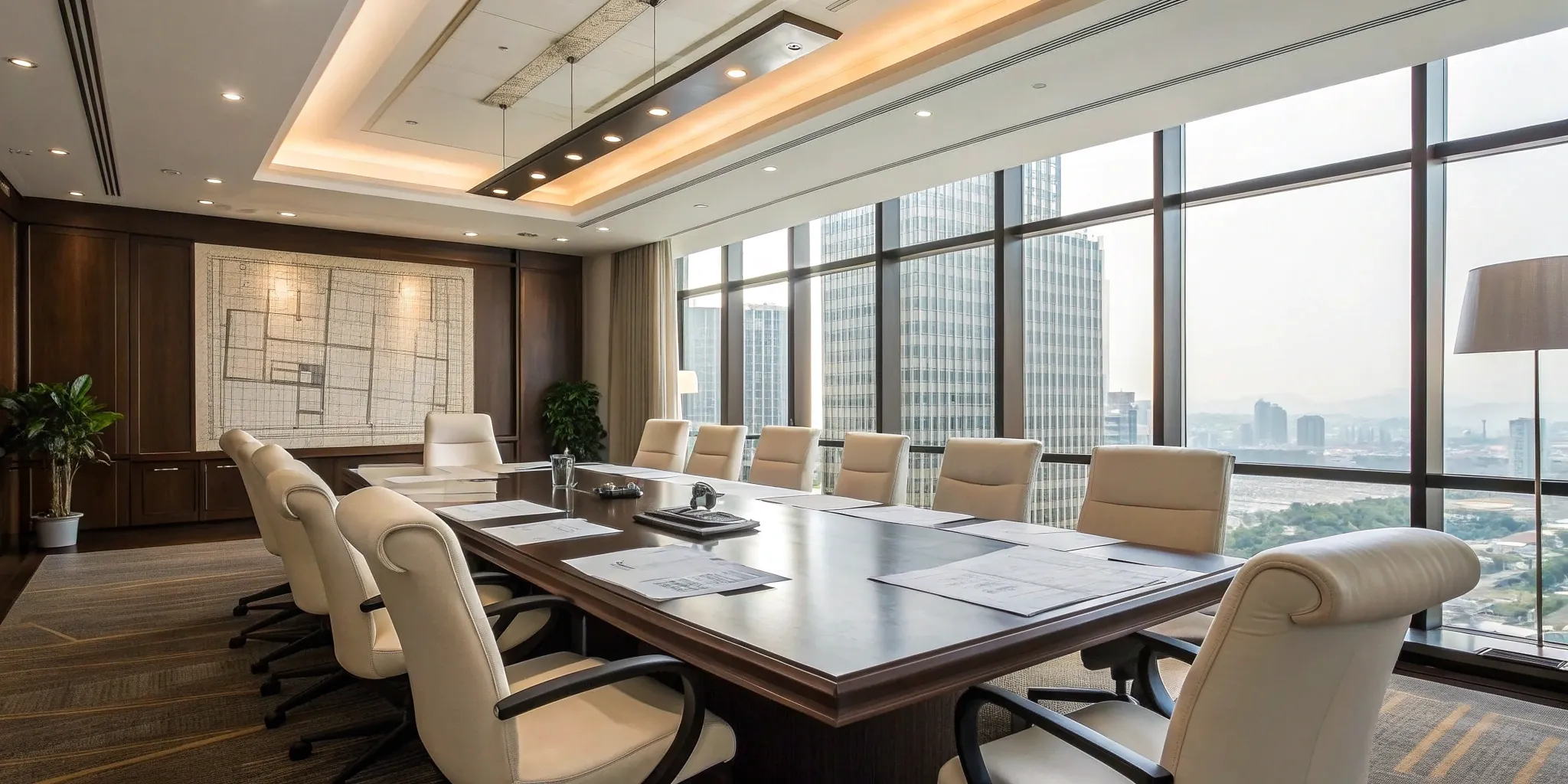 A design-build firm's team collaborating on a project in a modern conference room.