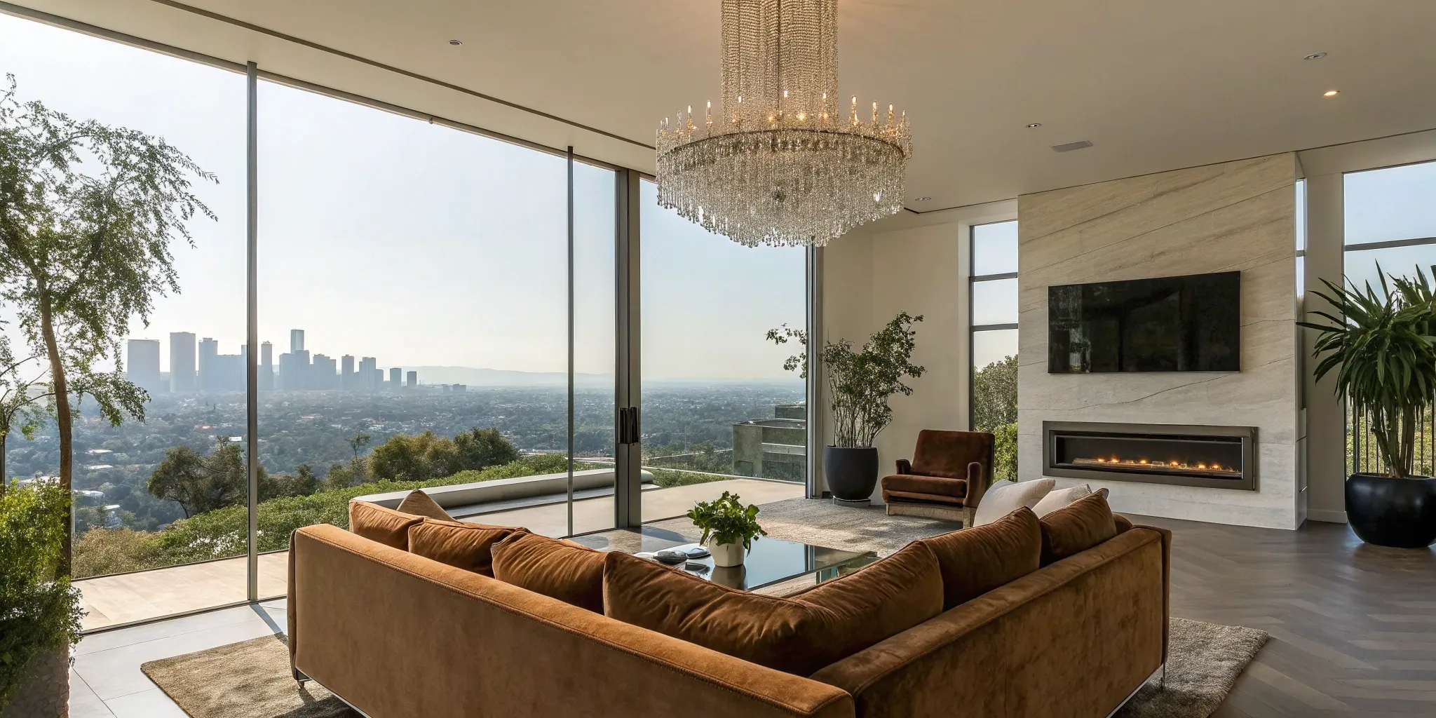 A luxury home living room with top amenities including a modern fireplace and panoramic city views.