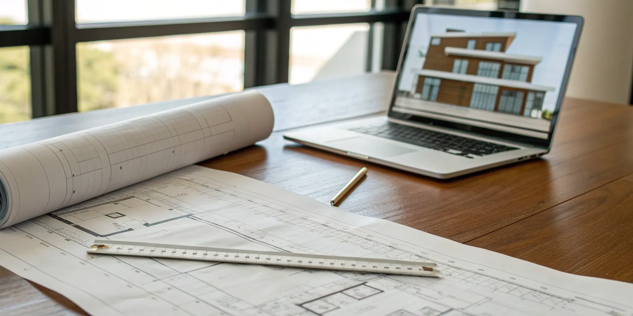 Architectural plans on a desk showing how much an architect costs to draw plans per square foot.