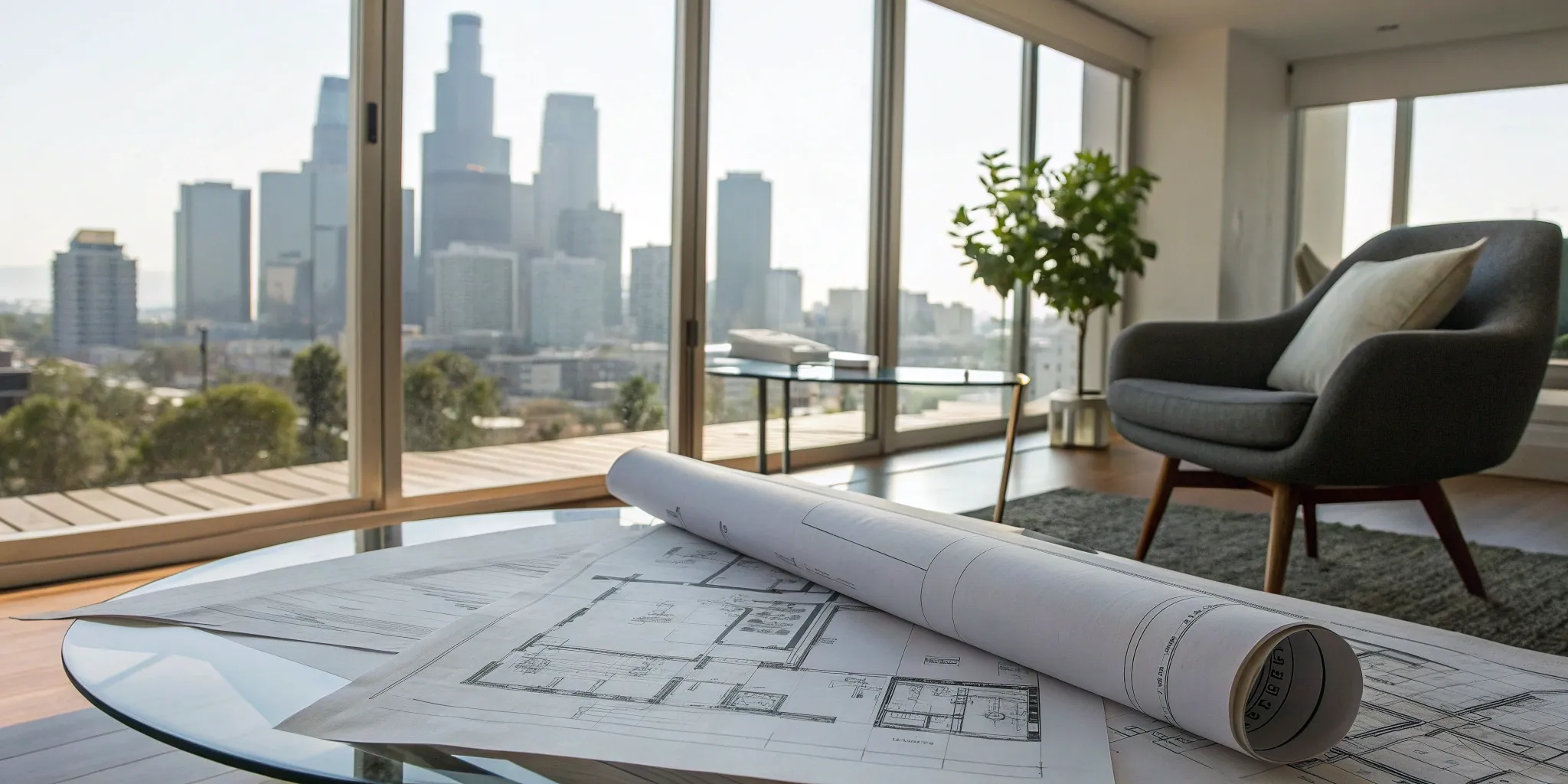 Architectural blueprints on a table to determine how much an architect costs for renovations.