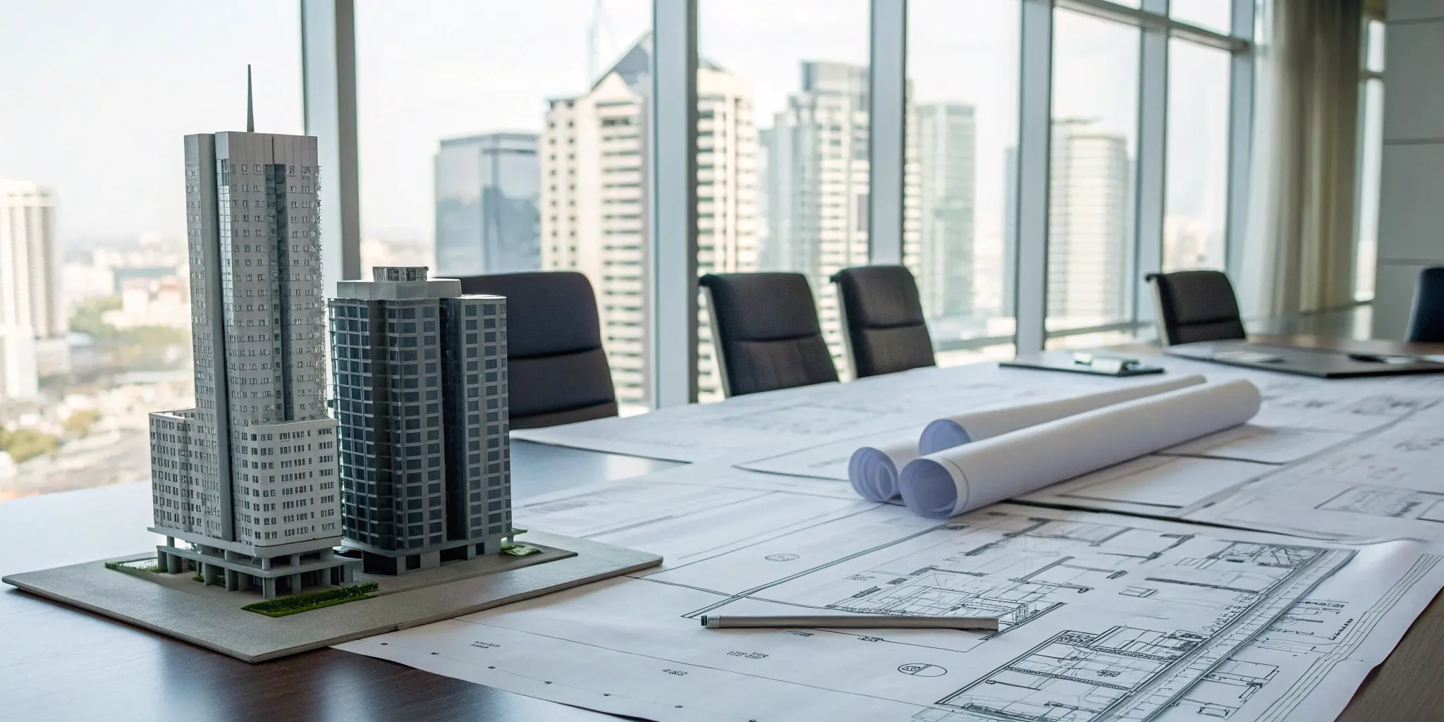 An owner's representative plans a construction project with blueprints and an architectural model.