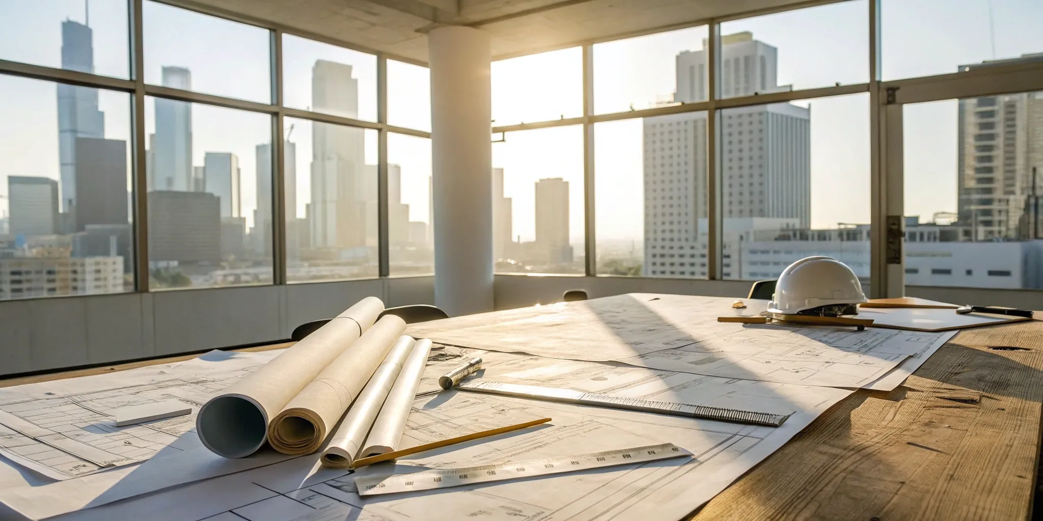 Architectural plans and a builder's hard hat on a desk, ready for a project where you hire the team together.