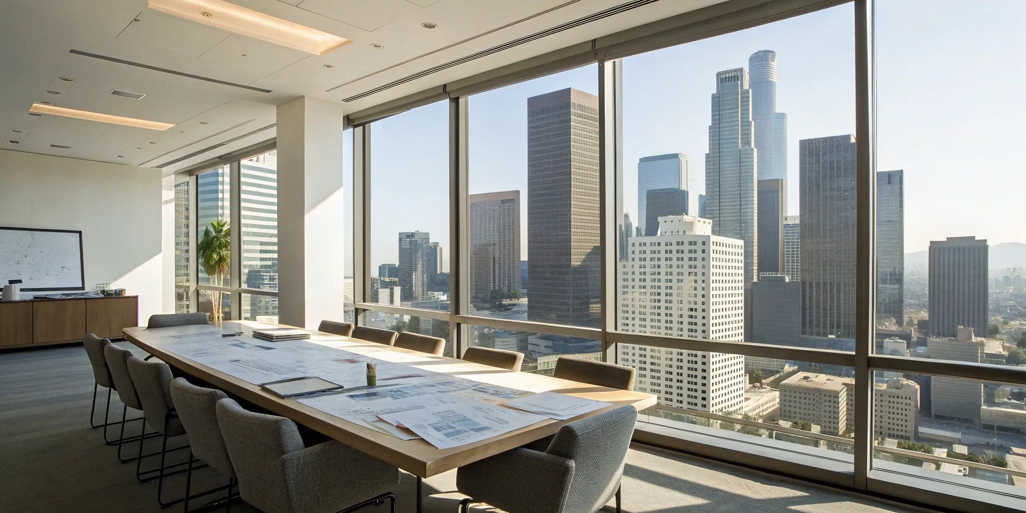 Architectural plans on a table for a meeting to hire an architect and contractor for a remodel.