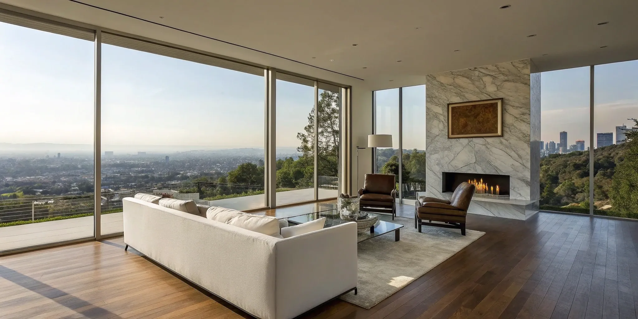 A luxury home designed by architects and builders, featuring a modern fireplace and city views.