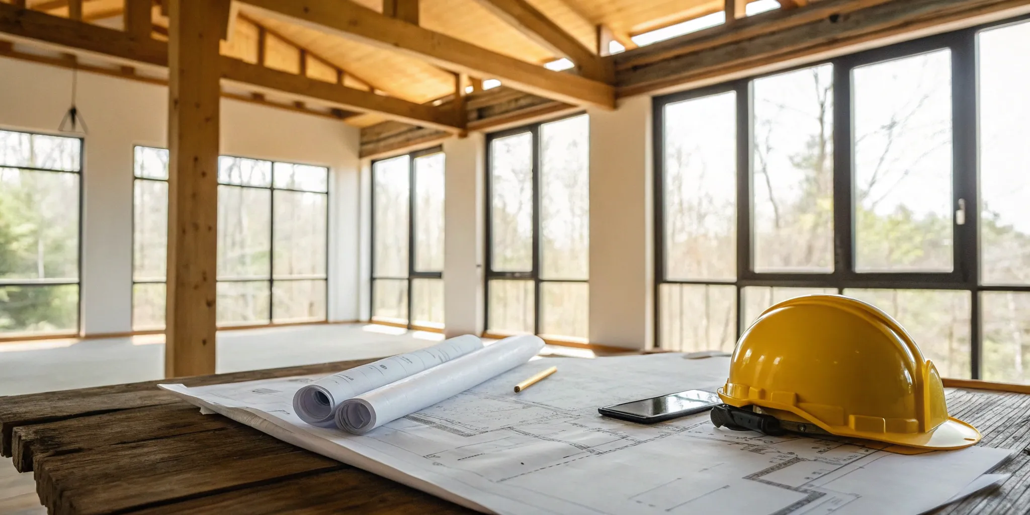 Architect blueprints and a general contractor's hard hat on a table for a renovation project.