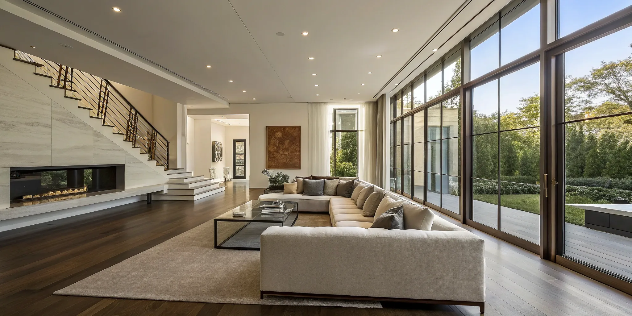Living room of a modern custom home, a factor in the total cost of hiring an architect.