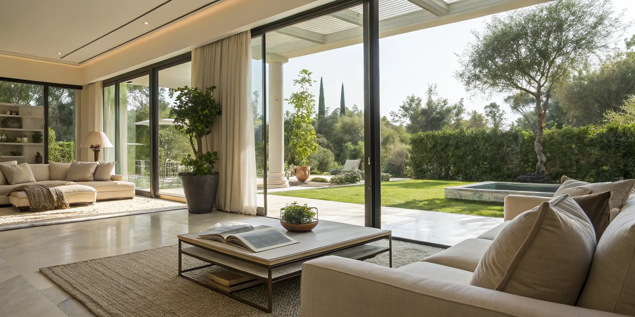 A custom home architect's design for a modern living room with large windows overlooking a garden.