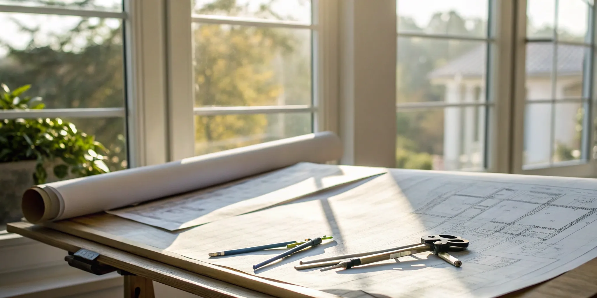 Design build vs design bid build project plans with drafting tools on a desk.