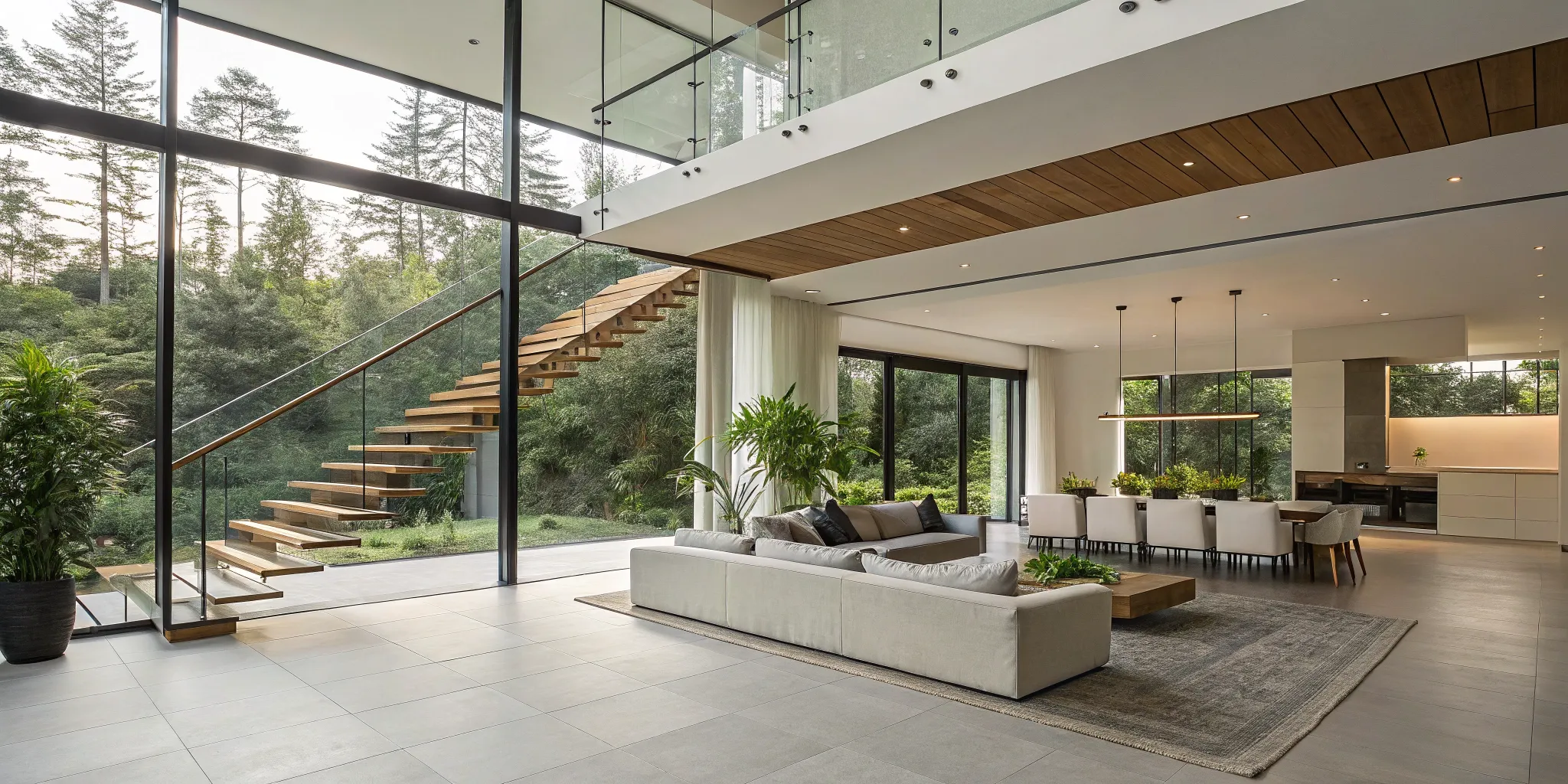 An example of modern interior architecture with an open floor plan, clean lines, and large glass walls.