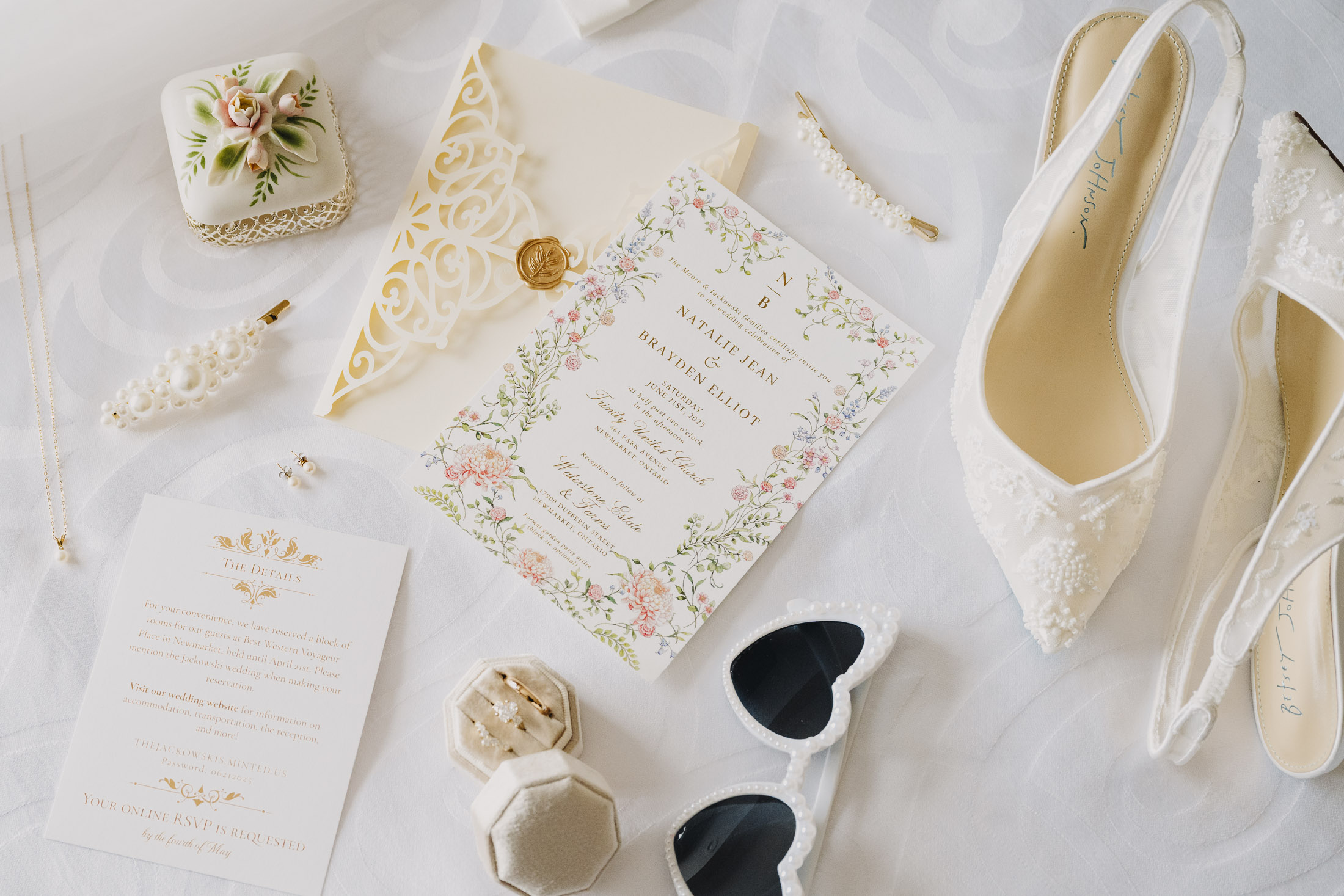 A flat-lay of accessories that belong to the bride.
