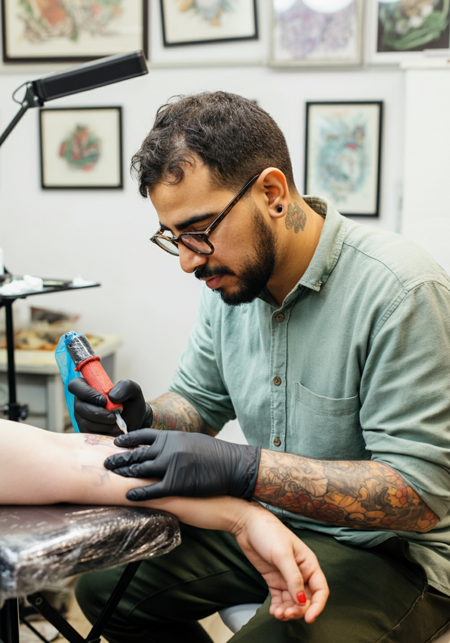 Un tatoueur assuré chez Orus réalise un ouvrage sur un client