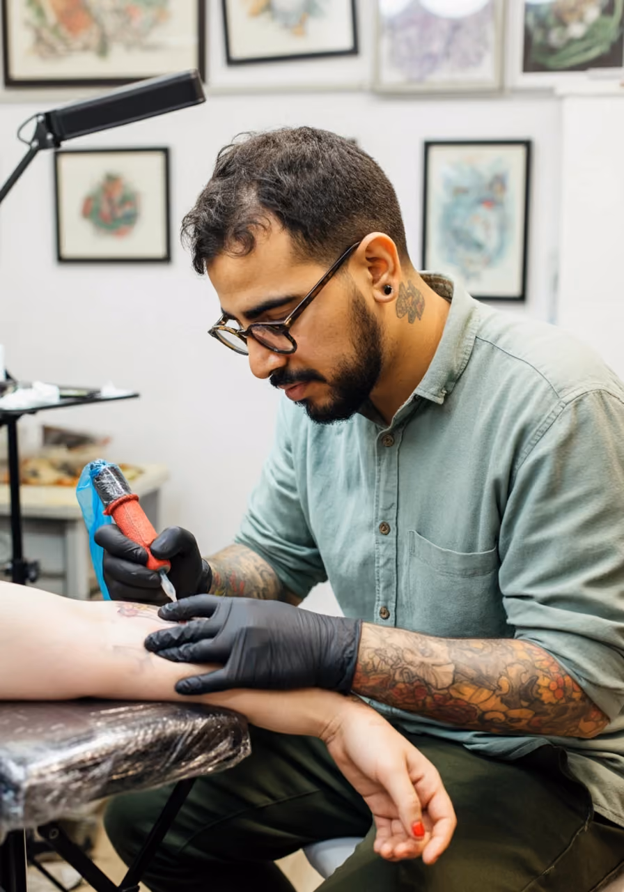 Un tatoueur assuré chez Orus réalise un ouvrage sur un client