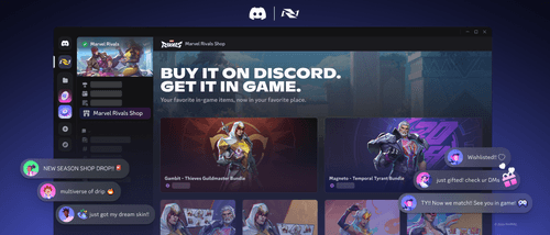 Discord chat bubbles with a shopping cart or gift icon, featuring Marvel Rivals art.