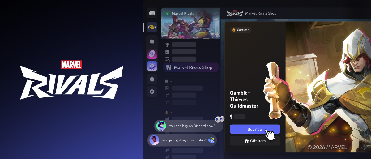 Chat conversation featuring Marvel Rivals about gifting in-game items through Discord