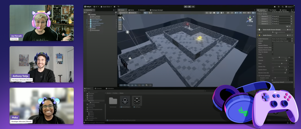 A screen capture of proximity voice overview livestream featuring Discord and Unity.