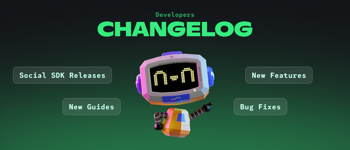 An image of Discord’s mascot for developers, with callouts on the Changelog: Social SDK Releases, New Guides, New Features, and Bug Fixes.