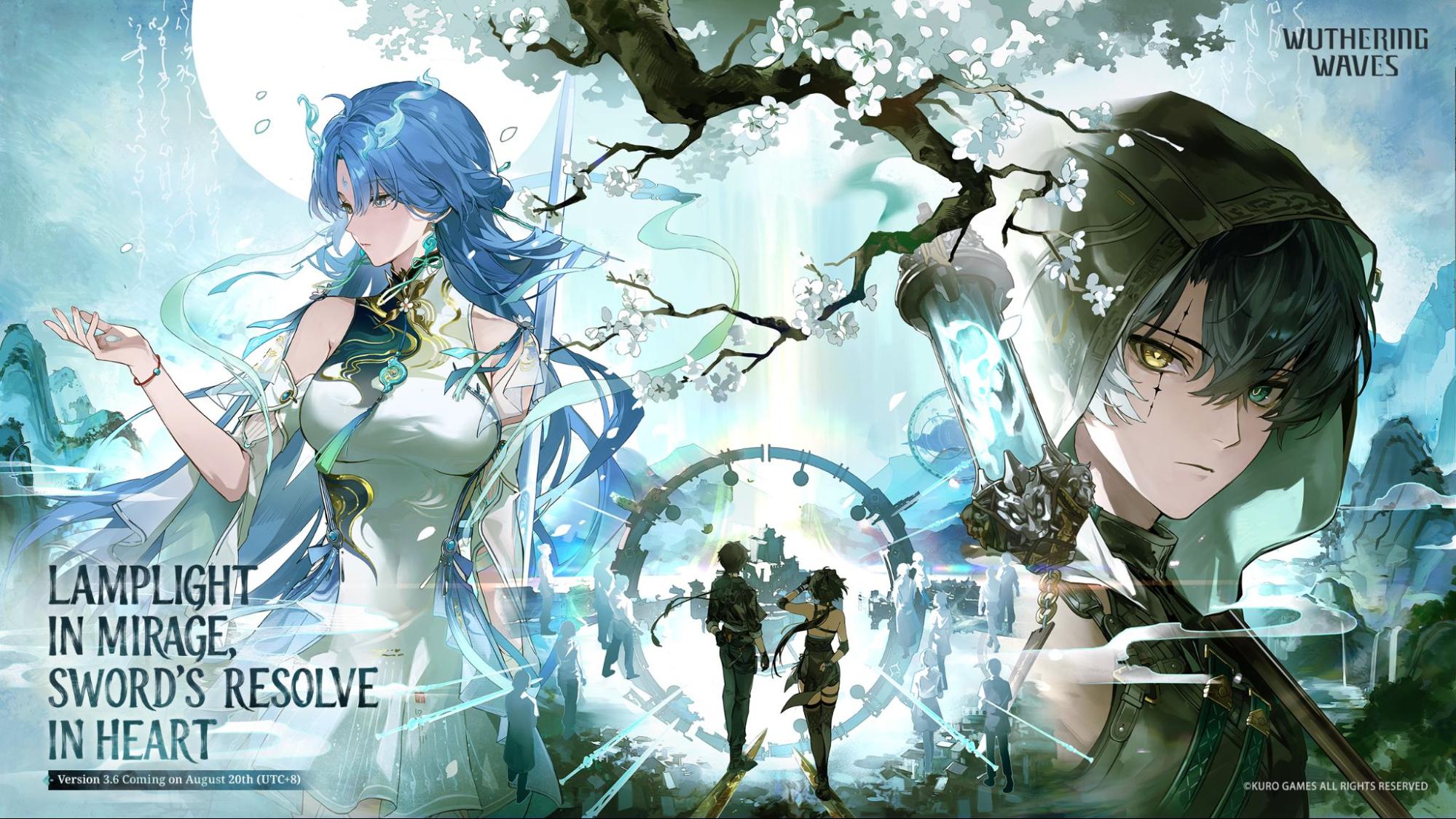 Wuthering Waves Version 3.6 Preview Image featuring Rover and two new Resonators Qingxiao and Jingran.