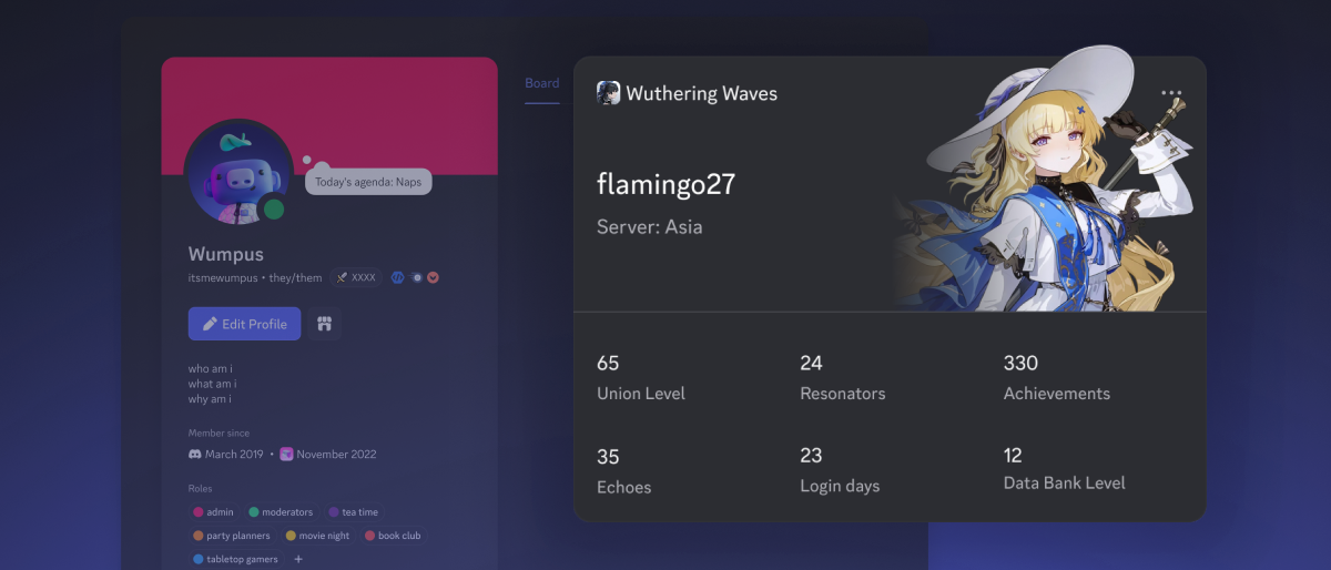 A sample of the Wuthering Waves Game Stats Widget on Discord.
