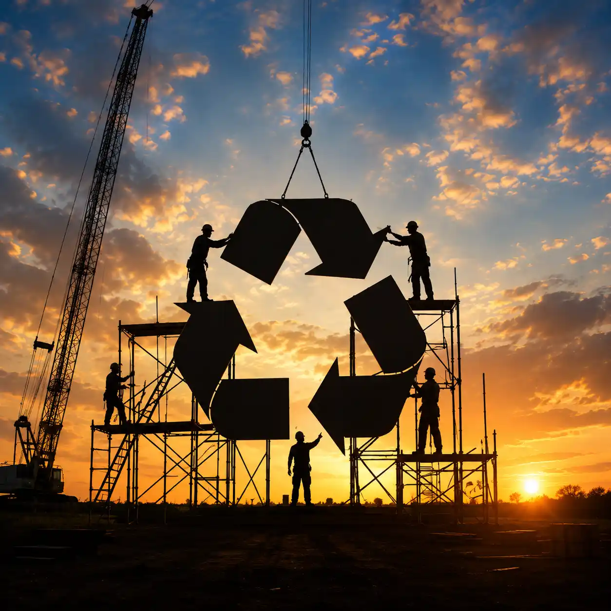 Silhouettes of workers assembling a large recycling symbol at sunset on scaffolding with a crane.