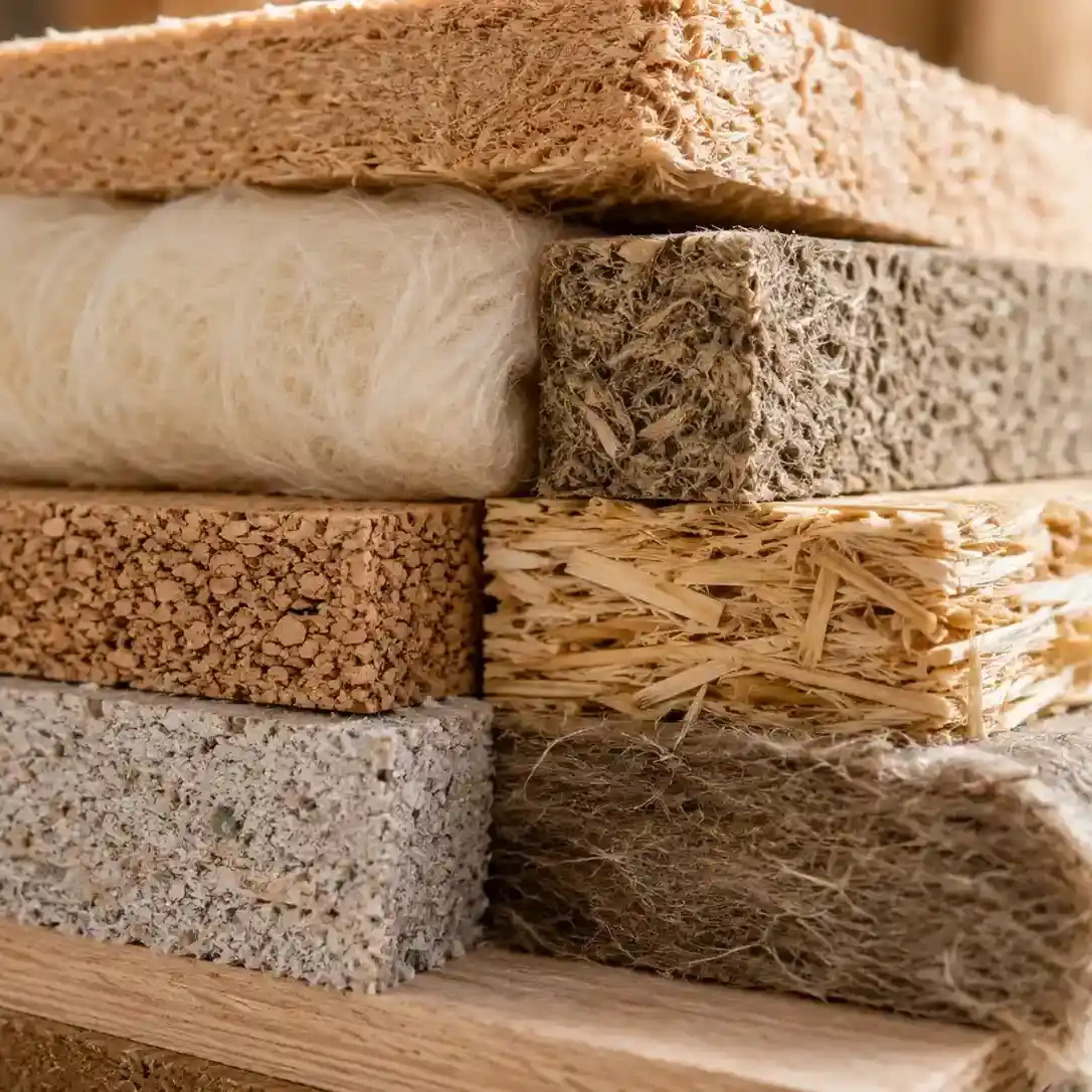 Stack of various natural fiber and wood composite material samples with different textures and colors.