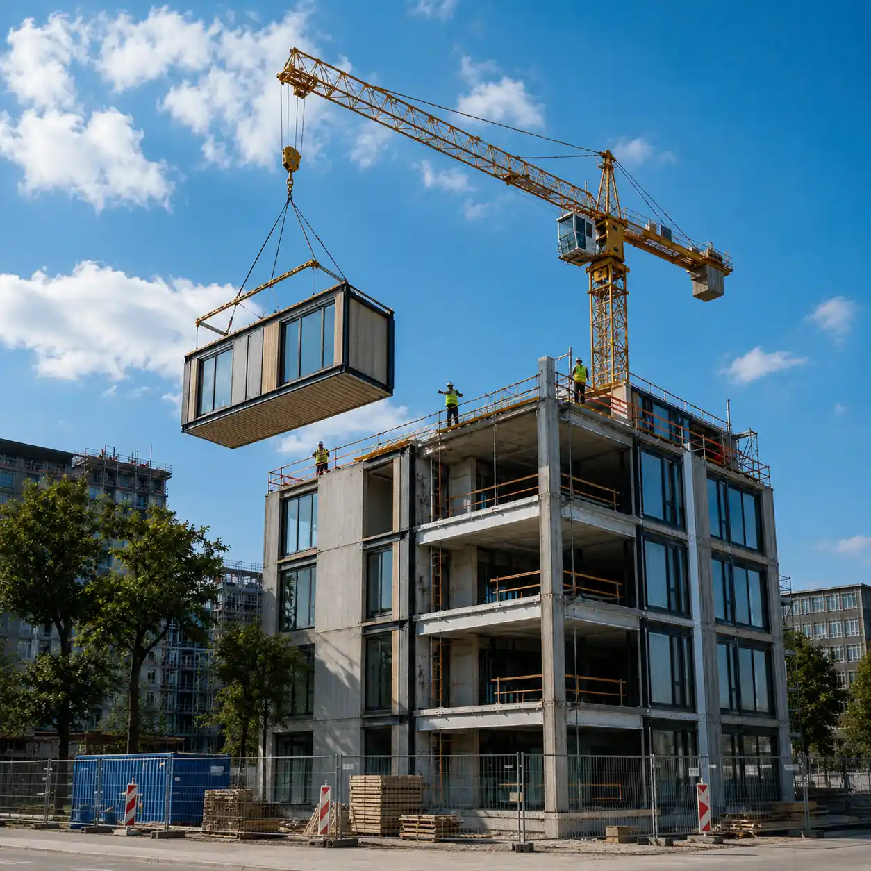 Construction crane lifting a modular building section onto a concrete multi-story structure under a blue sky.