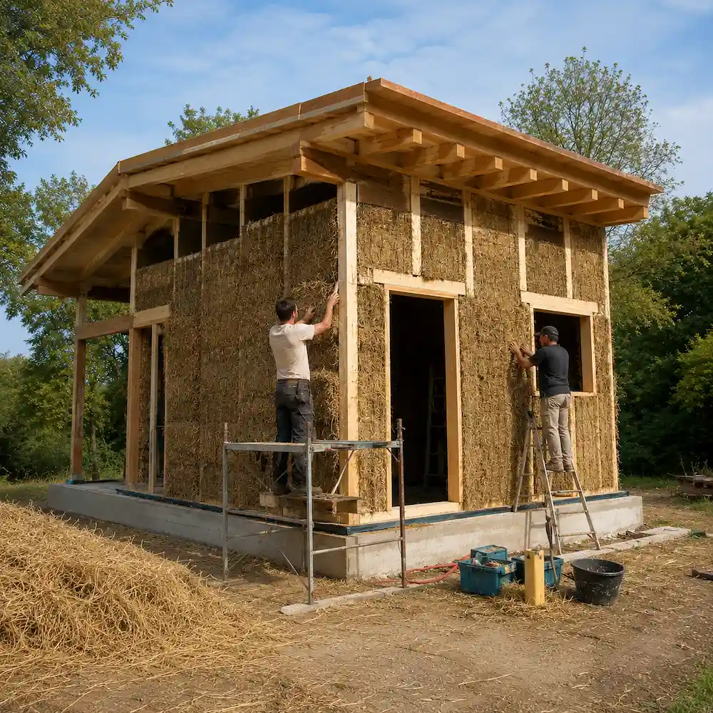 Two men building a small house with straw bale walls and wooden roof framing outdoors.